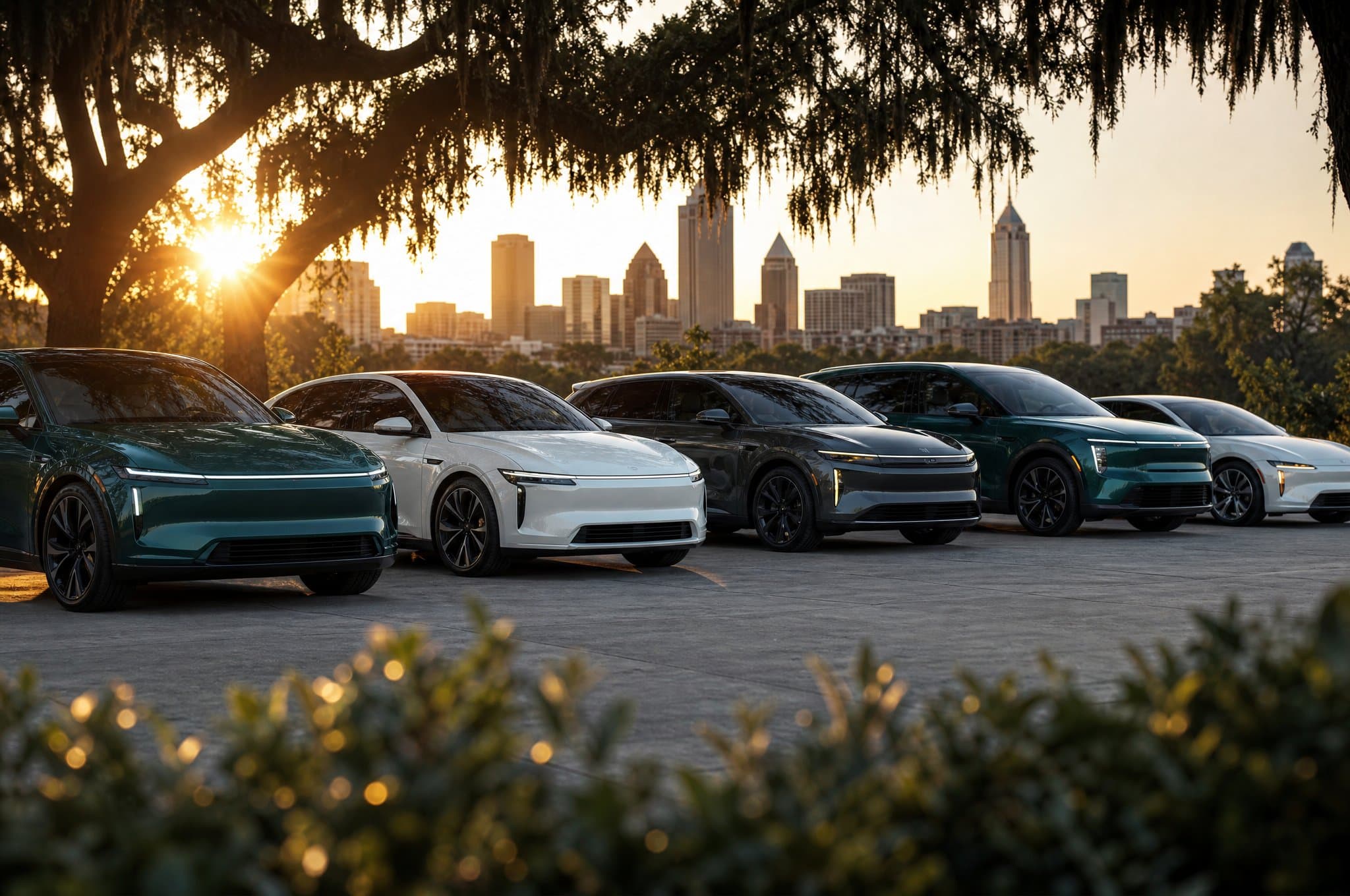 Electric and hybrid vehicles lined up below the Atlanta skyline at golden hour