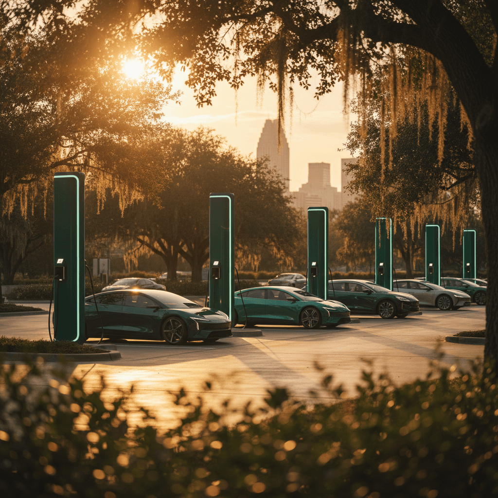 EV charging plaza at golden hour